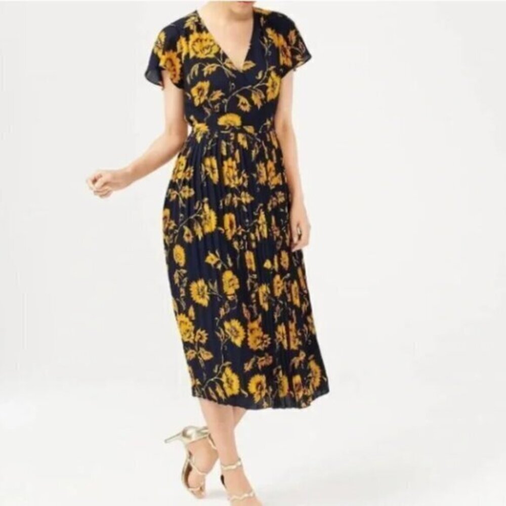 J. Crew Navy and Golden Printed Pleated Midi Wrap Dress Size 8
